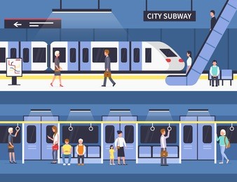 people in city subway. passengers at subway station platform and inside underground train. vector concept illustration. infographic elements.