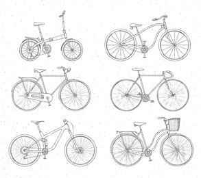 set of hand drawn bicycles modern and retro style on white background. different types: city, fix, highway, cruiser, sport, mountain bike. outline illustration.