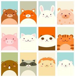 banner, background, flyer, placard in hand drawn style with cute animals. bear, fox, rabbit, dog, pig, cat, panda, tiger, beaver, raccoon, lion, polar bear. vector template card in retro pastel colors
