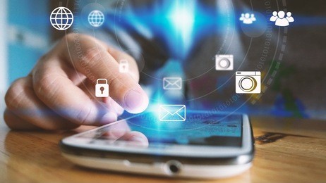 hand touch screen smart phone. application icons interface on screen. social media concept