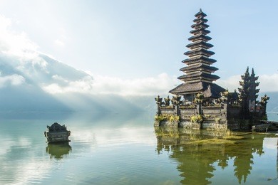 famous temple near gunung batur volcano on lake batur bali indonesia.