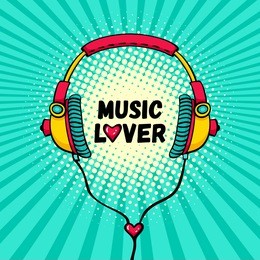 hand drawn comic headphones with lettering music lover and heart instead of o. vector colorful background in pop art retro comic style