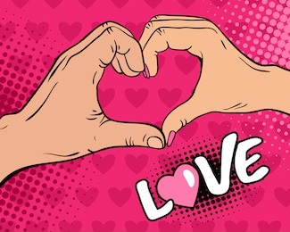 love. pop art background with female and male hands with heart sign. vector colorful hand drawn illustration in retro comic style on pink hearts background.