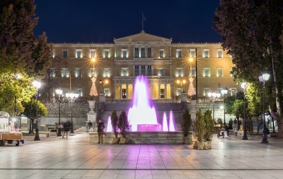 syntagma square with parliament building in athens, greece, by night