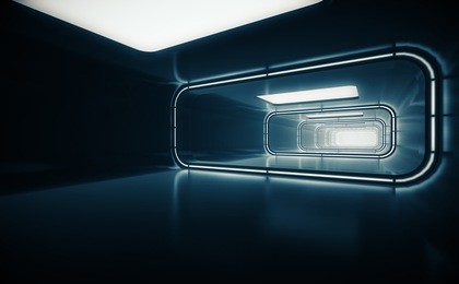 spaceship corridor. futuristic tunnel with light, interior view. future background, business, sci-fi or science concept