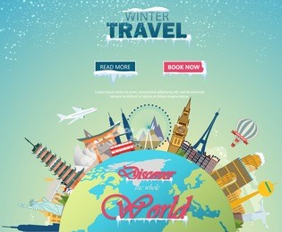 winter travel. travel to world. vacation. road trip. tourism. open suitcase with landmarks. journey. travelling illustration. merry christmas banners in flat style. eps 10. colorful.