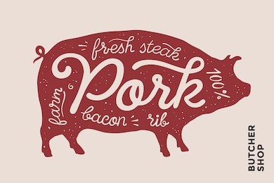 trendy illustration with red pig silhouette and lettering pork, fresh, steak, bacon, farm, rib. creative design for butcher shop, farmer market. poster for meat related theme. vector illustration