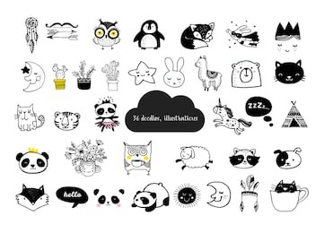 scandinavian style, simple design, clean and cute black, white illustrations, collection of children doodles, sketches