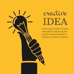 creative ideas concept. hand holding pencil with light bulb, silhouette icon. innovation, solution. success in education, art, project. vector illustration flat design. isolated on yellow background.
