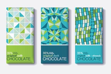 vector set of chocolate bar package designs with geometric mosaic patterns. editable packaging template collection.