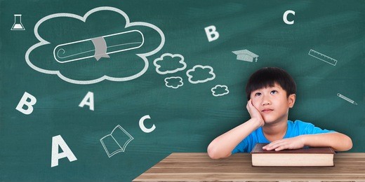 education school children concept. boy are thinking imagination to graduation certificate with education icon on chalkboard background. free copy space.