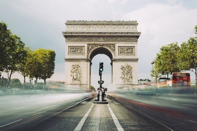 triumphal arch. paris. france. view place charles de gaulle. famous touristic architecture landmark in summer night. napoleon victory monument. symbol of french glory. world historical heritage. toned