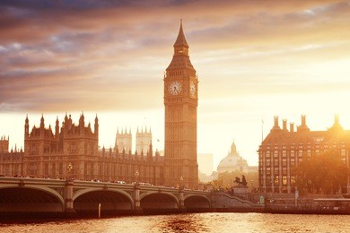 big ben and westminster at sunset, london, uk