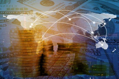double exposure world global map and network line on money and coin and city background. elements of this image furnished by nasa