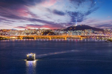 seoul city and bridge, beautiful night of korea with seoul tower after sunset, south korea.