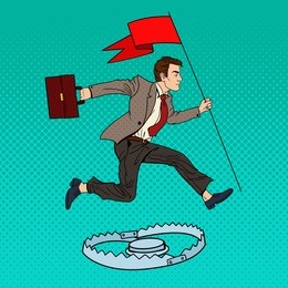 pop art successful businessman with flag jumping over the trap. vector illustration