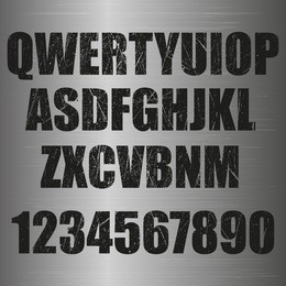 vintage retro typeface. stamped alphabet with numbers and symbols., scratched. isolated on metallic background