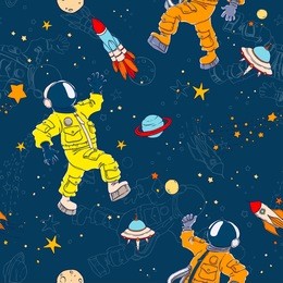 seamless pattern with astronauts, ufos, planets, stars and space objects.