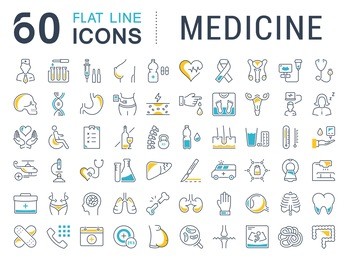 set vector line icons, sign in flat design medicine, pharmacology, oncology, blood count, medical ethics with elements for mobile concepts and web app. collection modern infographic logo or pictogram.