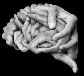 a human brain made ??with hands, different hands are wrapped together to form a brain