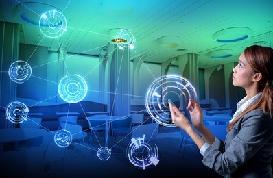 young woman holding smart phone and modern room interior, wireless communication network concept. smart home, smart house.