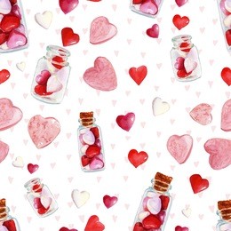 watercolor illustration of a love potion. print valentine's day. candy hearts in a glass bottle. seamless pattern.