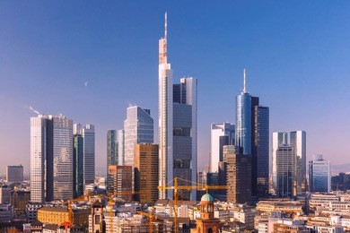 aerial view of business district with skyscrapers as seen from frankfurt cathedral, frankfurt am main, germany