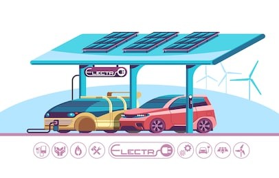 electric hybrid car charging. alternative energy concept. vector flat style illustration.