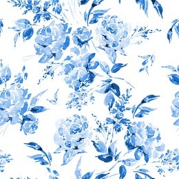 blue watercolor floral seamless pattern in a la prima style, watercolor roses - flowers, twigs, leaves, buds. hand painted vintage floral illustration isolated on white background.