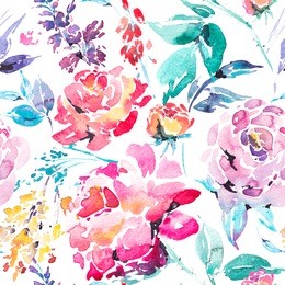 abstract watercolor floral seamless pattern in a la prima style, red watercolor roses - flowers, twigs, leaves, buds. hand painted vintage floral illustration isolated on white background.