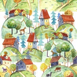 village, rural landscape, watercolor, seamless pattern