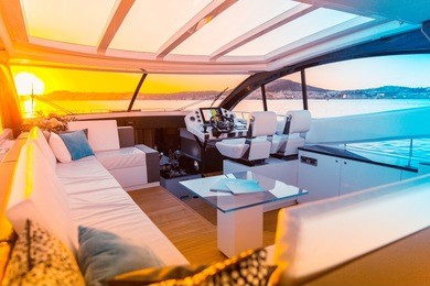 interior of luxury motoryacht at sunset