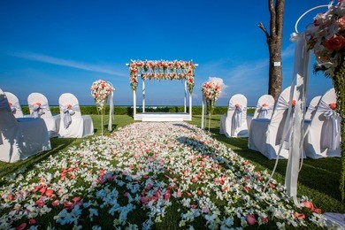 outdoor wedding ceremony setting nearby the sea