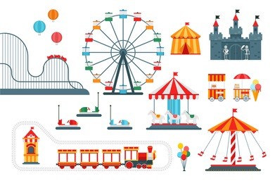 amusement park vector flat elements isolated on white background for infographic map design. architecture entertainment elements for family rest in the park. colorful ferris wheel, carousel, circus