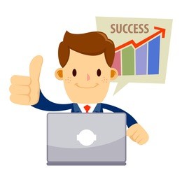 vector stock of a businessman with a successful sales chart doing thumbs up while working behind his laptop