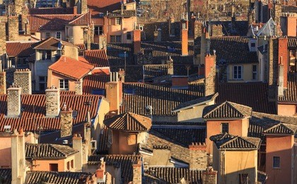 rooftops and chimneys of the old town vieux lyon, in lyon, france (unesco world heritage site).