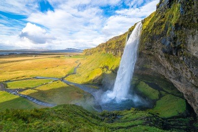 wonderful landscape from seljalandsfoss waterfall in iceland