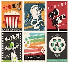 cinema posters collection with different movie and film genres and themes. creative retro vector design concept with six promotional pamphlets and advertises for cinema show on colorful backgrounds.