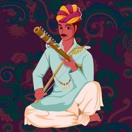 vector design of artist playing ravanahatha folk music of india on floral background