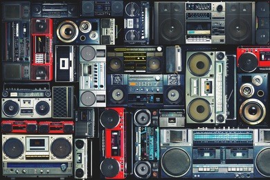 vintage wall full of radio boombox of the 80s