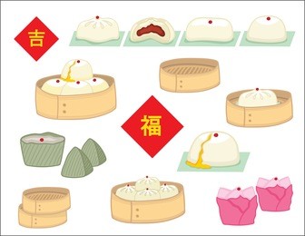 illustration vector chinese food and dessert on round crate bamboo isolated and lucky and rich chinese language sign for chinese mew year table decoration on white background.
