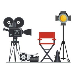 film directors chair with megaphone, projector, camera and clapboard. work on the set of the film. flat vector cartoon illustration. objects isolated on a white background.