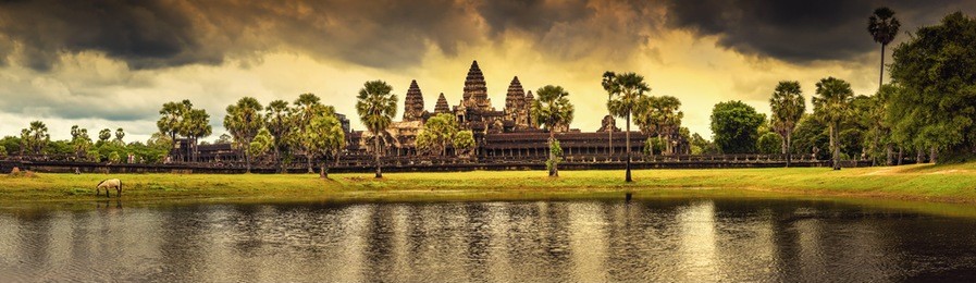 cambodian landmark, panorama angkor wat temple on background scenic sunset. siem reap, cambodia