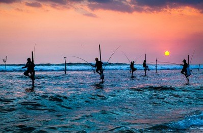 silhouettes of the traditional stilt fishermen at the sunset near galle in sri lanka