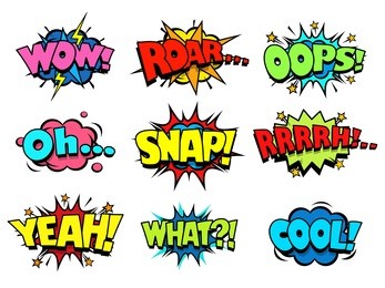 comic book sound effect speech bubbles, marveling and enjoying expressions