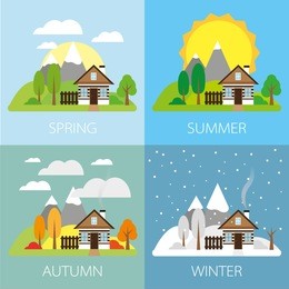 four seasons - landscape with house, flat vectors