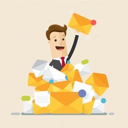 businessman found right letter in a pile of emails. a lot of emails, spam, direct mail. vector, illustration, flat