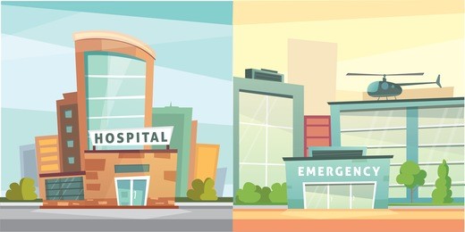 set hospital building cartoon modern vector illustration. medical clinic and city background. emergency room exterior.