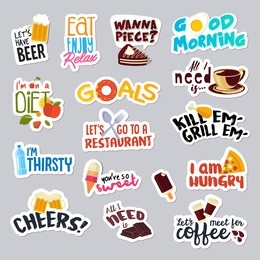 set of funny stickers for social network. food and drink stickers for mobile messages, chat, social media, online communication, networking, web design.