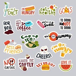 set of funny stickers for social network. food and drink stickers for mobile messages, chat, social media, online communication, networking, web design.